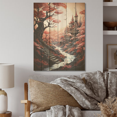 Surréalisme fantaisie, paysage de château I - châteaux, art mural sur bois de pin naturel