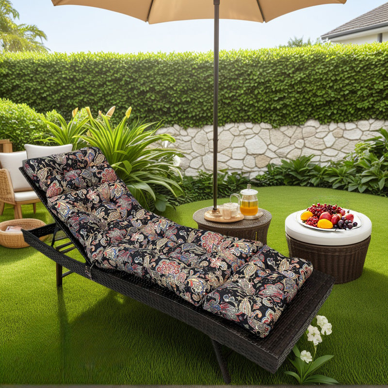 Thickened Outdoor Chaise Lounge Chair Cushion, Soft Memory Foam Filled, Black Floral