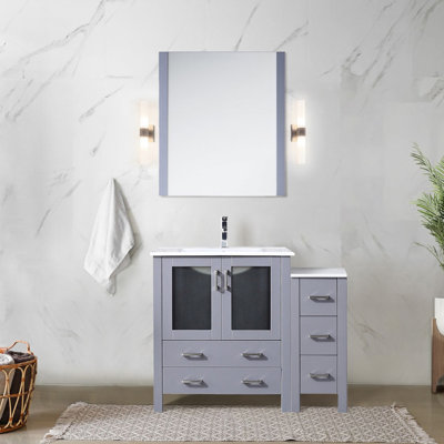 42 po W Meuble-lavabo simple gris foncé avec armoire latérale, comptoir en céramique blanche, robinet, fermeture en douceur, une armoire intérieure pour beaucoup de rangement, surface de teinture, trou de baignoire large, inclus, et