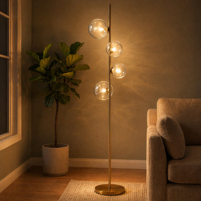 Stand 4-light Modern Floor Lamp With Clear Glass Globes, Gold Aluminum Base, G9 Bulb Compatible, Contemporary & Retro Standing Lamp For Living Room, Bedroom Or Office