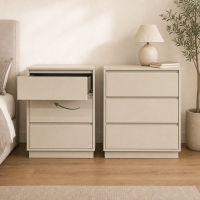 Ensemble de 2 grandes tables de chevet en bois, H 26,78 "tables de chevet modernes avec 3 tiroirs, poignée cachée, beige