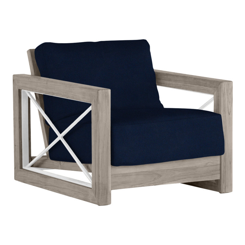 Malta Teak Outdoor Lounge Chair, Oyster Teak/Brushed Stainless, No welt + Standard fill, Indigo Velvet