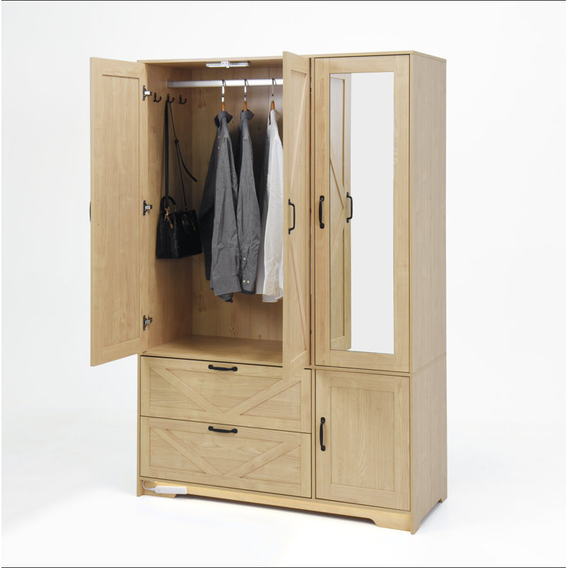 Armoire 4 portes avec miroir, armoire à DEL avec portes et 2 tiroirs, armoire de rangement en bois avec tringle, tablettes réglables