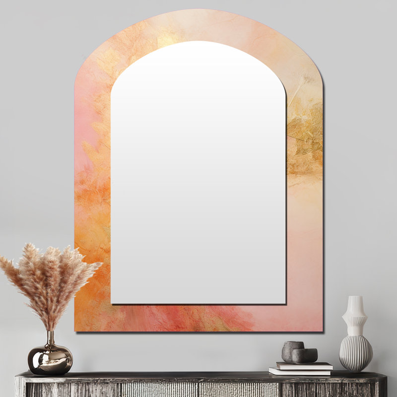 Gold Pink Desert Mirage Spiral III - Abstract Spirals Asymmetrical Unique Wall Mirror, Modern Arch Mirror, Printed Metal Art
