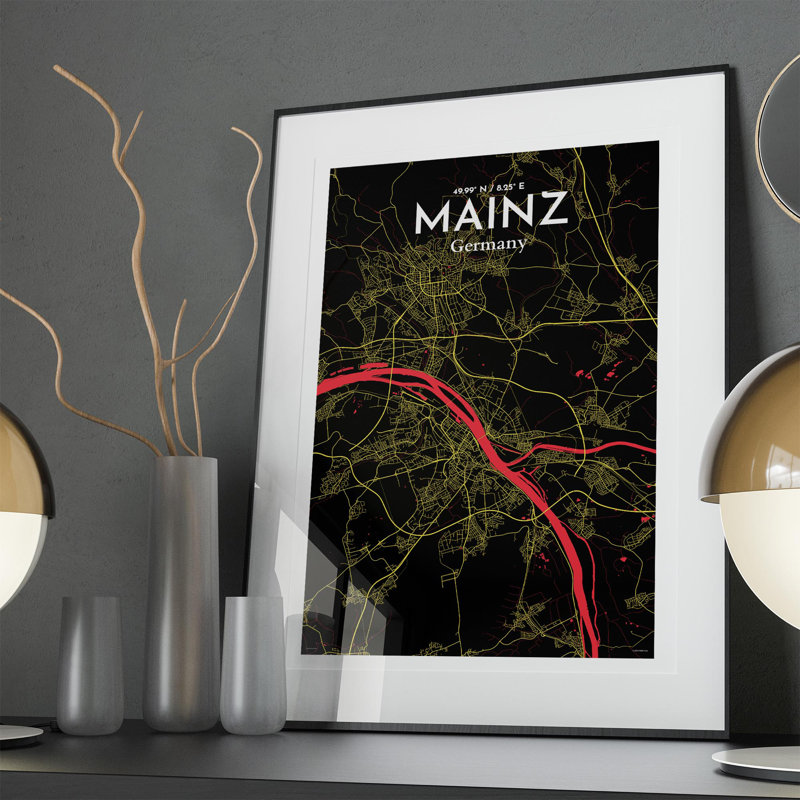 Mainz, carte de la ville, impression, H 36 po x l 24 po, Noir / rouge / jaune