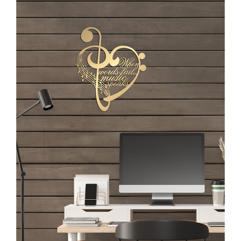 Metal Notes and Heart Wall Art, When words fail music speaks, Metal Wall Decor for Musician Gift, Matte Gold