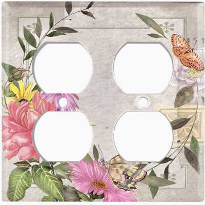 Pink Yellow Magnolia Flowers Butterfly Leaves Tan 2-Gang Duplex Outlet Wall Plate