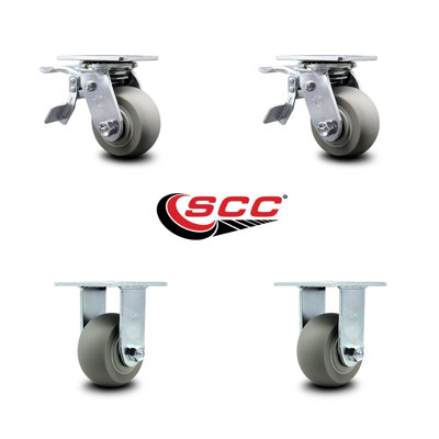 4 Inch Thermoplastic Rubber Caster Set with Ball Bearings 2 Brakes 2 Rigid SCC