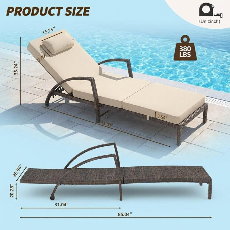 Outdoor Wicker Chaise Lounge Chair with Cushion, Metal Frame Patio Reclining Lounge Bed, Beige