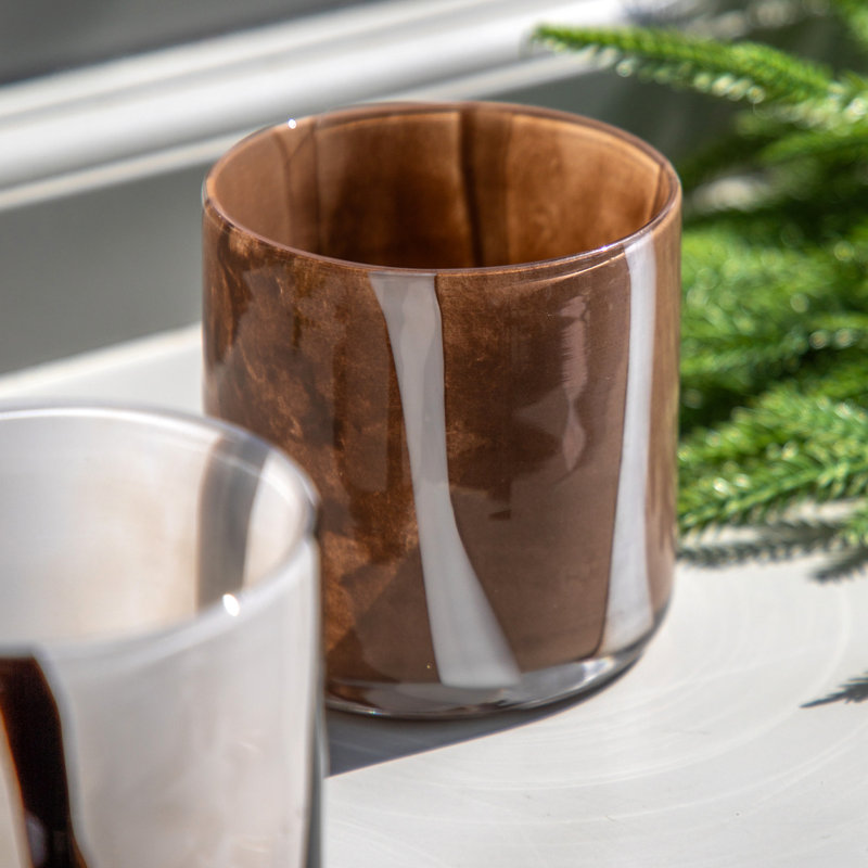 2 Piece Glass Tabletop Tealight Holder Set, Brown/White