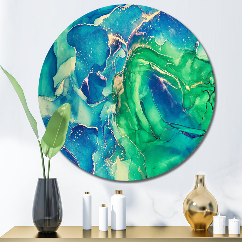 Bleu et vert, art liquide abstrait I - art mural moderne en métal, H 23 po x l 23 po x P 1 po