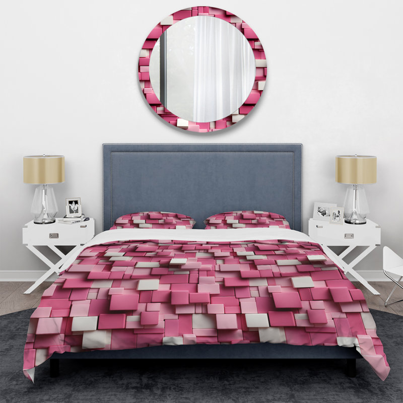 Pink And White Blockchain Blocks Duvet Cover, Queen Duvet Cover + 2 Standard Shams