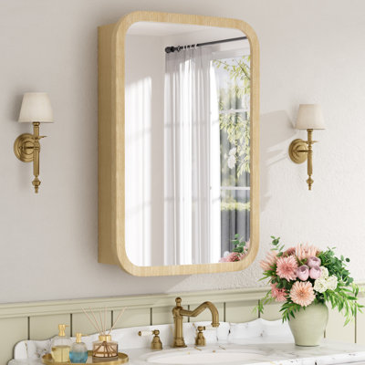 16" W X 24" H  Modern Rounded Corner Wood Medicine Cabinet with Mirror, Adjustable Glass Shelves, Reversible Door, Surface or Recessed Mount, Fully Assembled