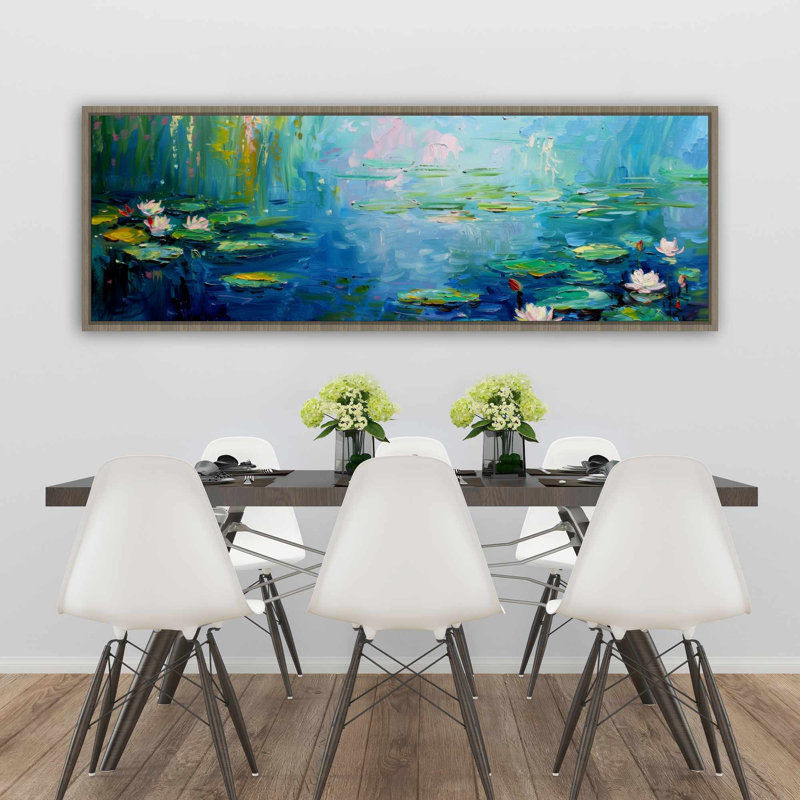 Water Lilly - Art sur toile encadré bleu pour la décoration intérieure, H 21,25 po x l 61,25 po