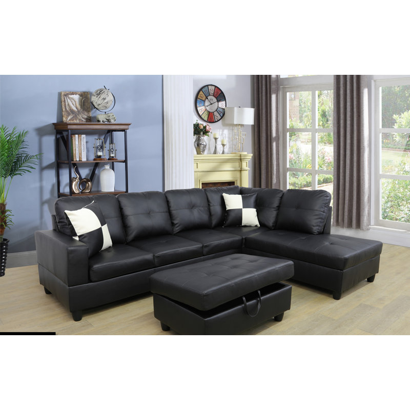 Black Faux Leather 3-Piece L-Shaped Sectional Sofa with Chaise and Ottoman, Ultimate Black Faux Leather