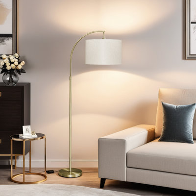 65" Tall Brass Arc Floor Lamp with Ivory Drum Shade,Foot Switch