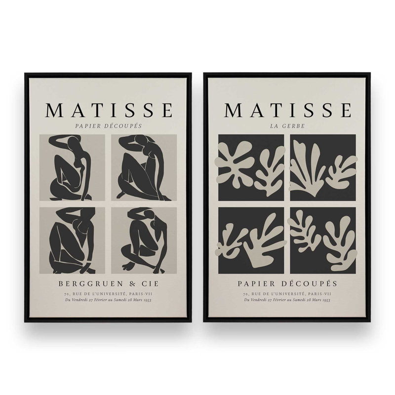 Ensemble de 2 Matisse La Gerbe et Nus Noir, H 30 po x l 42 po, Cadre flottant noir satiné