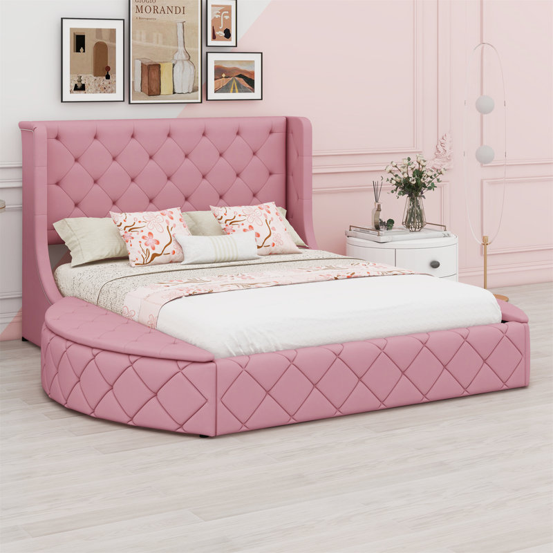 Lit plateforme tapissier avec tête de lit à oreilles, grand tiroir et 2 tabourets de rangement latéraux, Rose