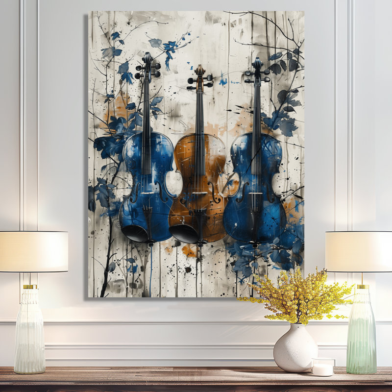 Blue Gold Music Instuments Violins - Music Wall Art Living Room, 24" H x 32" W, Wrapped Canvas