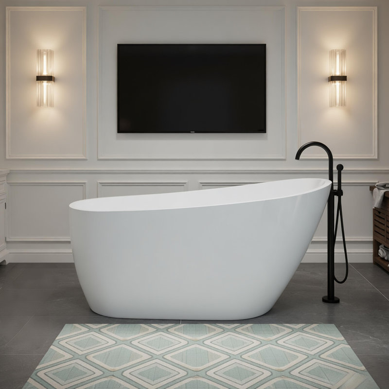 Baignoire autoportante 59 po en acrylique, baignoire autoportante avec drain chromé Toe-Tap et trop-plein rainuré classique, certifié cUPC