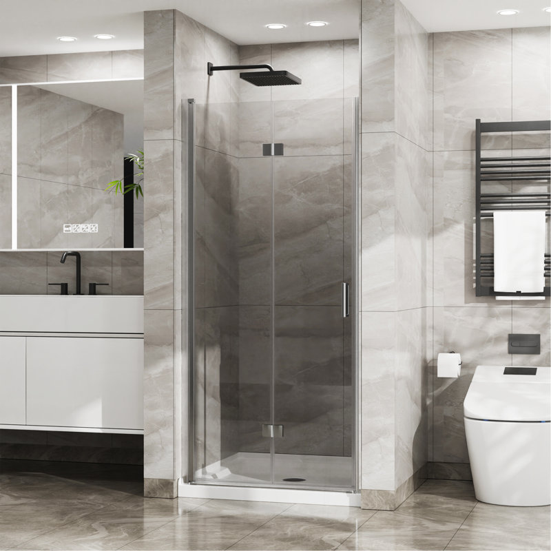 34"X 72" Bifold Frameless Glass Shower Door 1/4 Inch Tempered Clear Glass Pivot Swing Shower Panel, Chrome