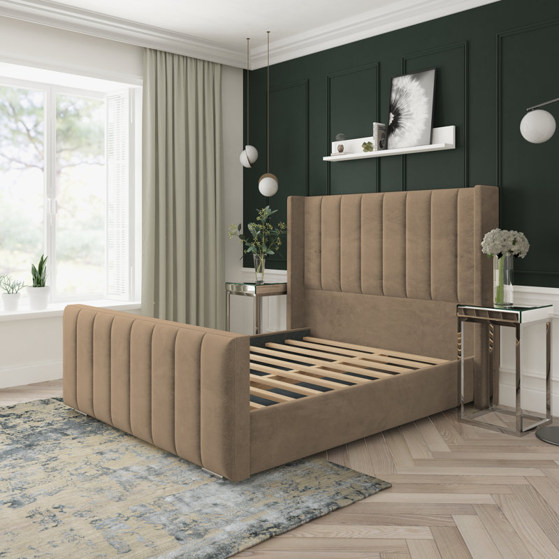 Willow Naples Velvet Upholstered Bed Frame, Mink, Kingsize (5')