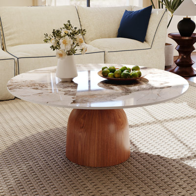 Meranda 35" Round Stone Coffee Table With Solid Wood Pedestal For Living Room & Home Decor