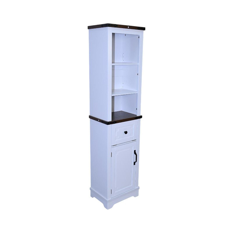 Narrow Cabinet,Bathroom Storage Cabinet, Farmhouse Storage Cabinet With Adjustable Shelves & Storage Drawer, Tall Linen Tower For Bathroom, Living Room, White With Black Walnut Color (Top)