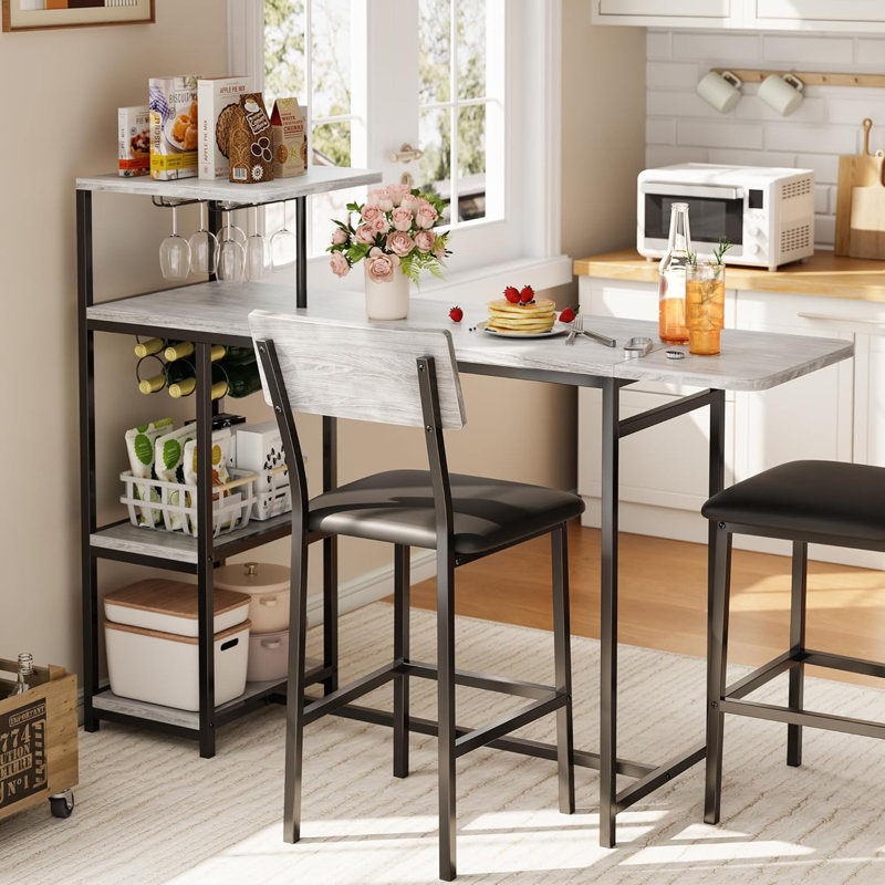 Dining Table Set for 2, 3-Piece Expandable Bar Table and Chairs Set, with Storage Shelves and Wine Rack, Small Kitchen Dining Set, Apartment