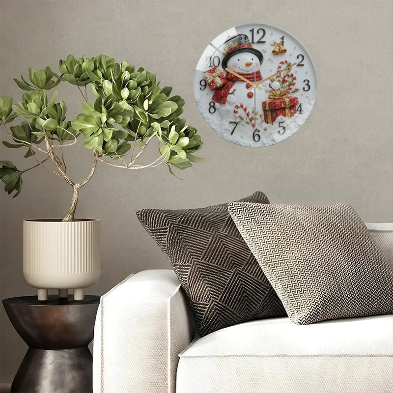 Christmas-Clock-With-Snowman-And-Gifts Art - 12'' Modern Glass Wall Clock