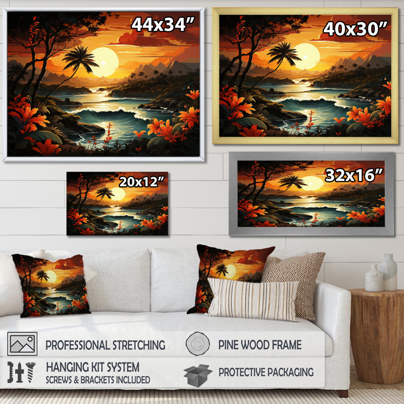 «Vintage Tropical Coastline Paradise I», art mural bord de mer tropical, Cadre d'angle fermé noir, H 24 po x l 32 po x P 1 po