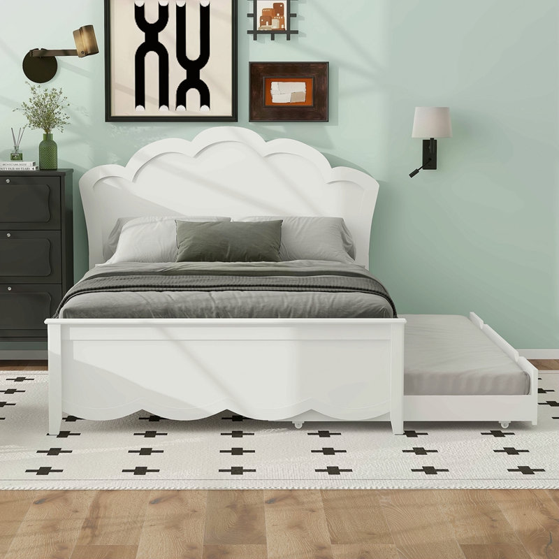 Lit plateforme en bois avec tête de lit et lit gigogne, Lit double