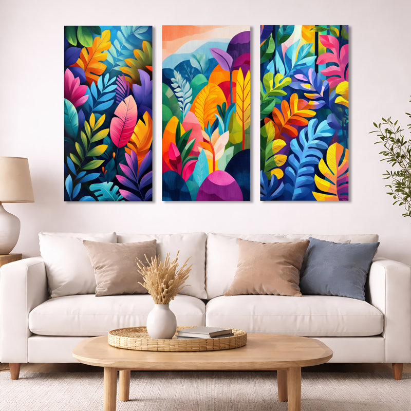 «Tropical Forest Gardens - Blue Floral», art mural 3 pièces, Toile tendue, 32" H x 48" W