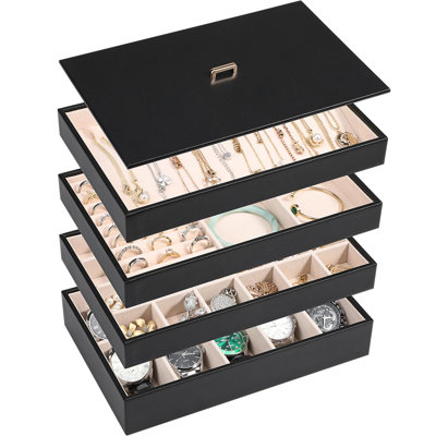PU Leather Jewelry Storage Holder For Drawer Inserts, Jewellery Display Box Case For Earring Necklace Ring Watch Bracelet (Set Of 4, Black)