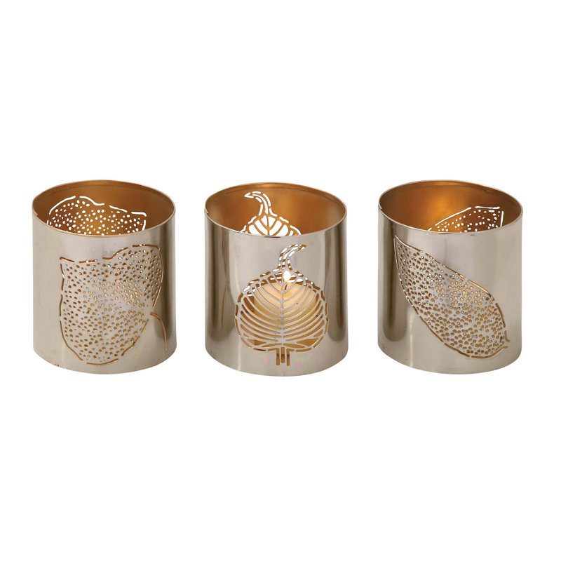 Ensemble de votives en fer style feuille 3 pièces, H 5 po x l 4 po, Argent argent