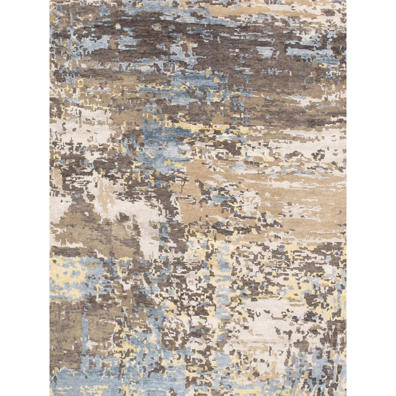 Tapis bleu / gris / crème en coton / laine 9 pi x 11 pi 10 po Alcyone
