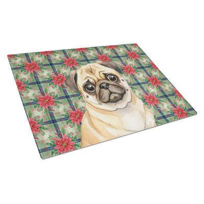 Fawn Pug Christmas PoinsettIas Glass Cutting Board