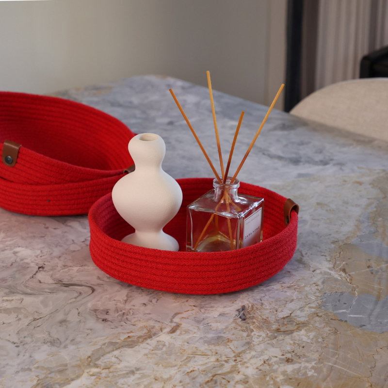 Ensemble de plateaux en coton fait à la main (3 pièces), corde de jute rouge, 9,8 x 9,8 x 2,0 pouces | 100% coton, rangement décoratif élégant et fonctionnel | Parfait pour la décoration intérieure, l'organisation et les cadeaux