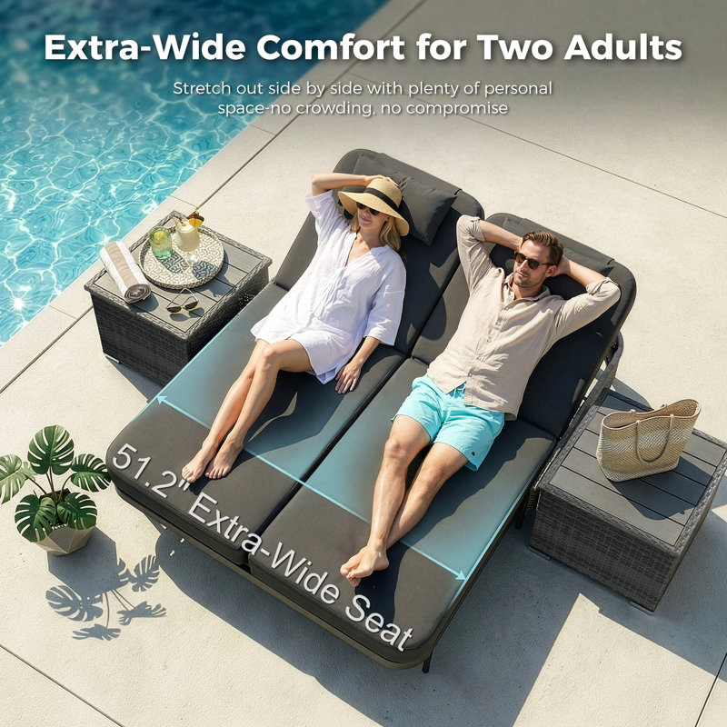 Outdoor Wicker Double Chaise Lounge Chair with Side Table & Cushions, Adjustable Reclining Back