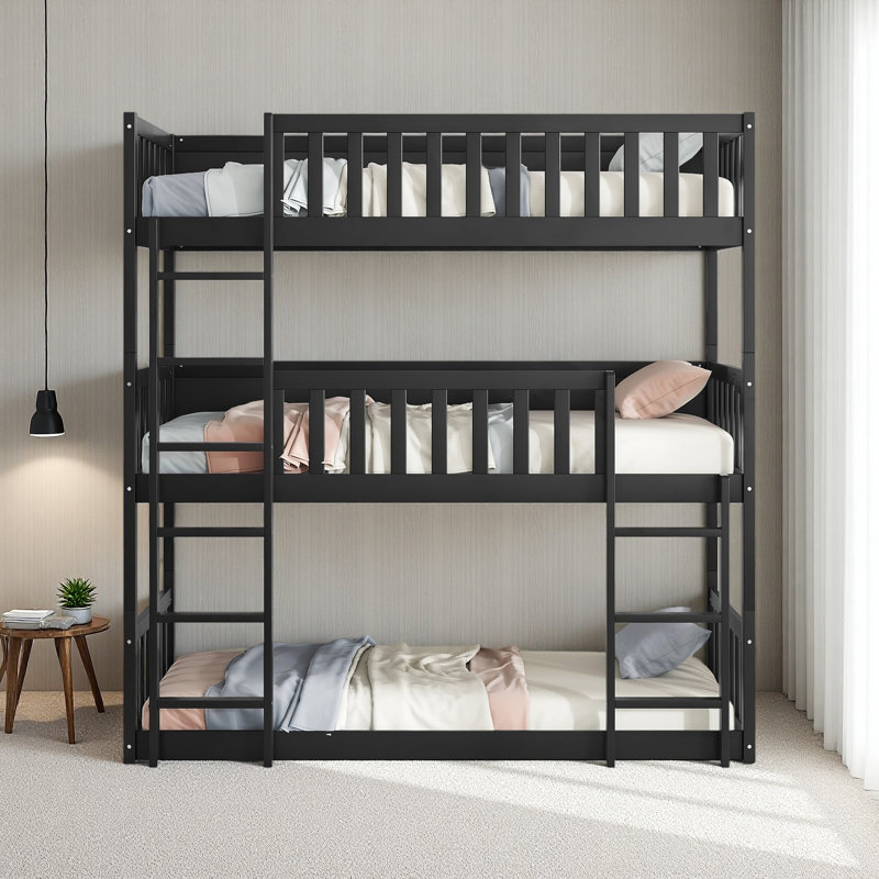Twin Size Triple Rubber Wood Bunk Bed, With Ladders, Guardrails Detachable Bunk Bed, Twin Over Twin Over Twin, Black