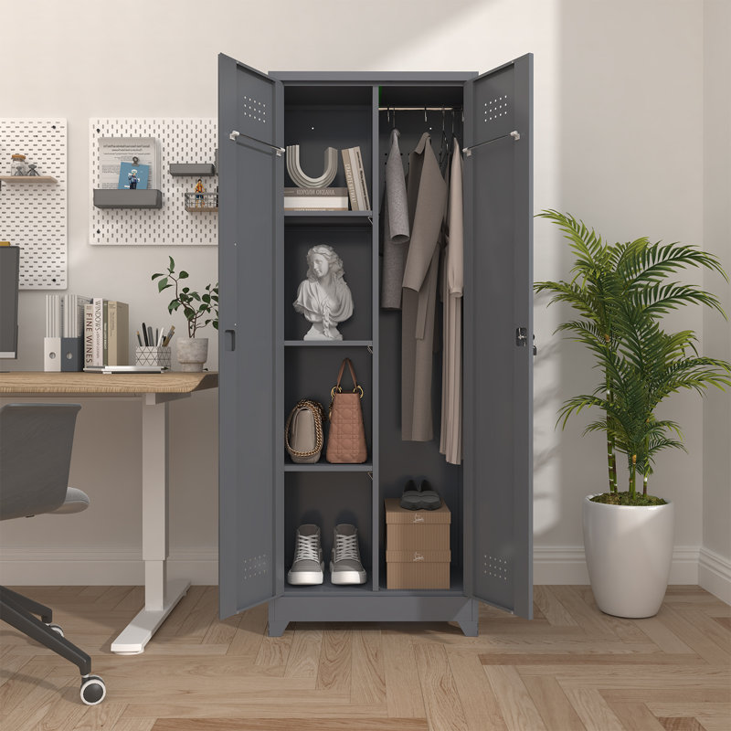 65"h Broom Closet Storage Cabinet, Utility Closet For Brooms And Mops, Cleaning Metal Storage Cabinet With Pegboard And Hanging Rod, Metal Cabinet With Doors And Adjustable Shelves,garage,grey