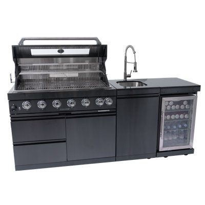 Îlot de cuisine de 43 pouces à 6 brûleurs et 85 000 BTU de cuisine au gaz en acier inoxydable pour barbecue avec îlot de cuisine + réfrigérateur à vin compact + ensemble de rôtisserie + comptoirs en granite + évier en acier inoxydable