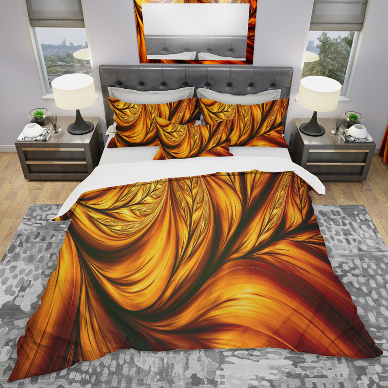 Golden Leaf - Ensemble de housse de couette abstrait - Microfibre de polyester, Housse simple + 1 taie décorative