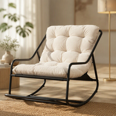 Chaise berçante d'extérieur, coussin confortable, avec coussin épais et doux, pour le salon, la chambre à coucher, la salle de lecture, structure noire avec coussin blanc