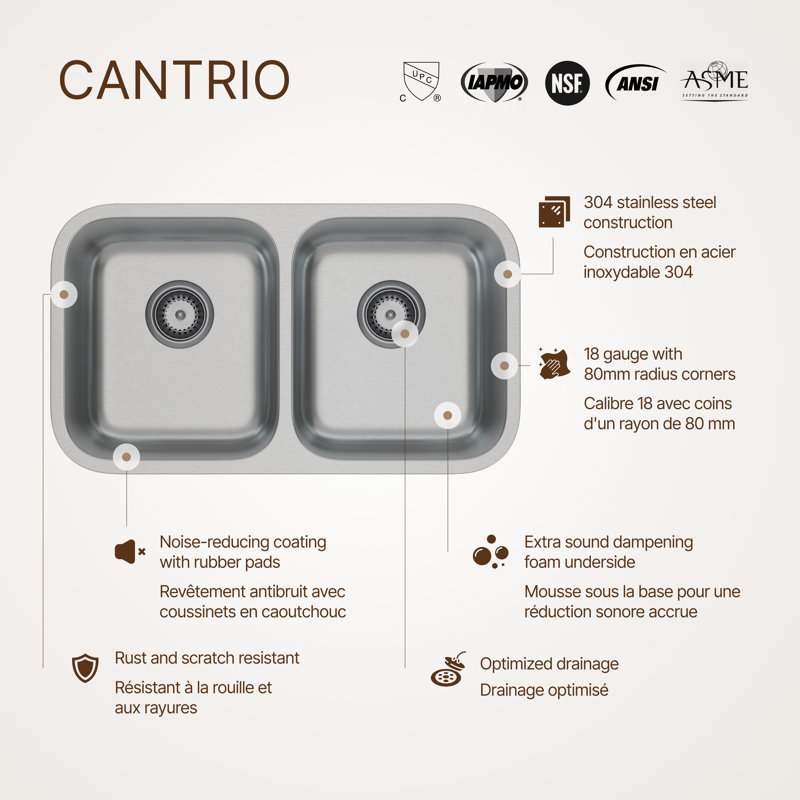 Cantrio KSS-508 31.5-Inch 18-Gauge Stainless Steel Undermount Double Bowl Kitchen Sink 