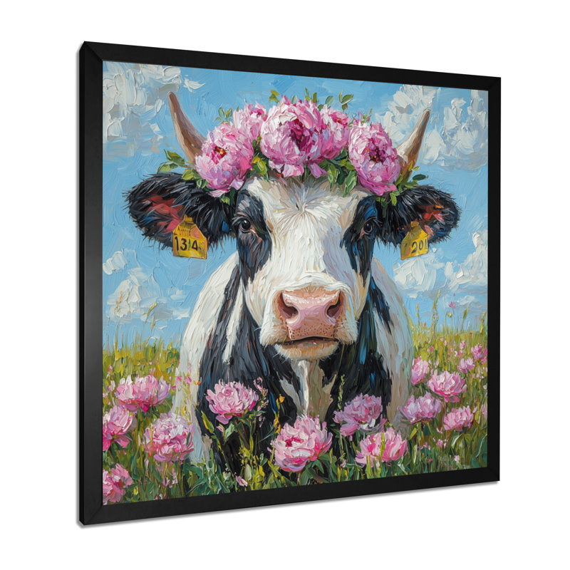 Vache, peinture avec pivoines III - Vache grande, art mural, H 16 po x l 16 po, Reproduction encadrée d'une seule photo, Noir