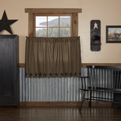 Navy Star Cotton Plaid Scalloped Cafe Curtain