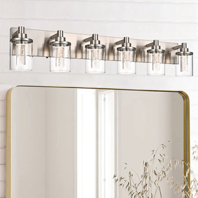 Éclairage de salle de bain noir 6 lumières avec 5 modes de couleur (3000K / 3500K / 4500K / 5000K / 6000K), luminaire de salle de bain à DEL avec protection oculaire, applique murale moderne à intensité variable sur miroir avec abat-jour en verre transparent