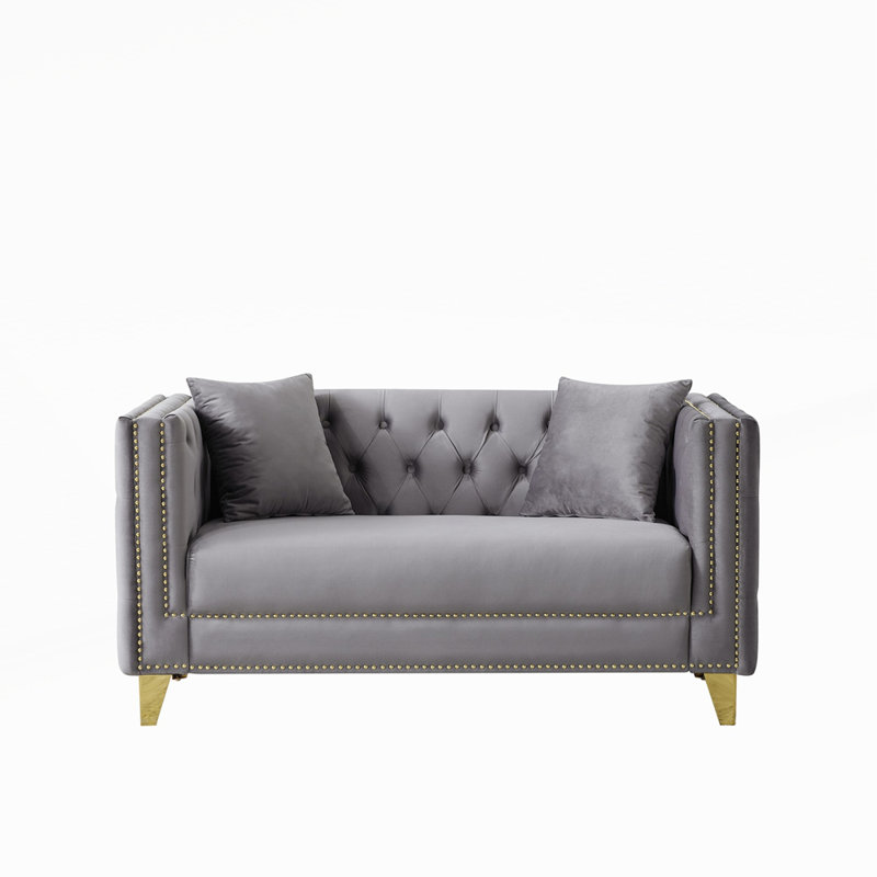 Chesterfield Velvet Sofa with Deep Seating Button Tufting and Nailhead Accents for Elegant Living Spaces, Gray