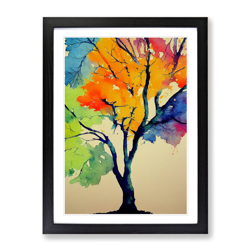 Tree In Watercolour No.1 - Single Picture Frame Painting, 64cm H x 46cm W x 2cm D, Black Framed